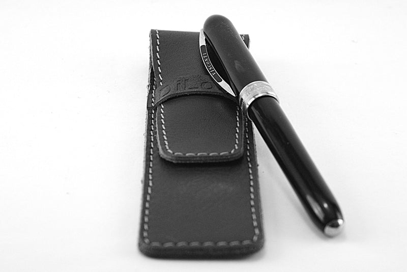 DiLoro Full Grain Thick Hard Buffalo Genuine Leather Single Pen Pencil Case Holder Pouch Black