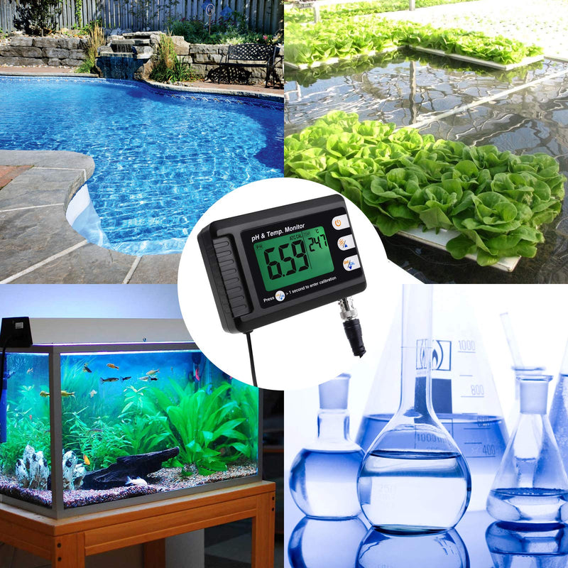 2 in 1 Temperature pH Monitor Meter Tester Sensor Test Kit 0~14 pH Automatic Calibration BNC Electrode Probe for Hydroponics Aquarium Lab Testing Food Drinking Water pH of Saltwater/seawater ph & Temp. Monitor