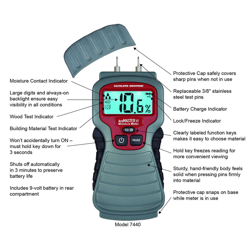 Calculated Industries 7440 AccuMASTER XT Digital Moisture Meter | Handheld |Pin Type | Backlit LCD Display | Detects Leaks, Damp and Moisture in Wood, Walls, Ceilings, Carpet and Firewood Pin-Type, Backlit LCD Sensors