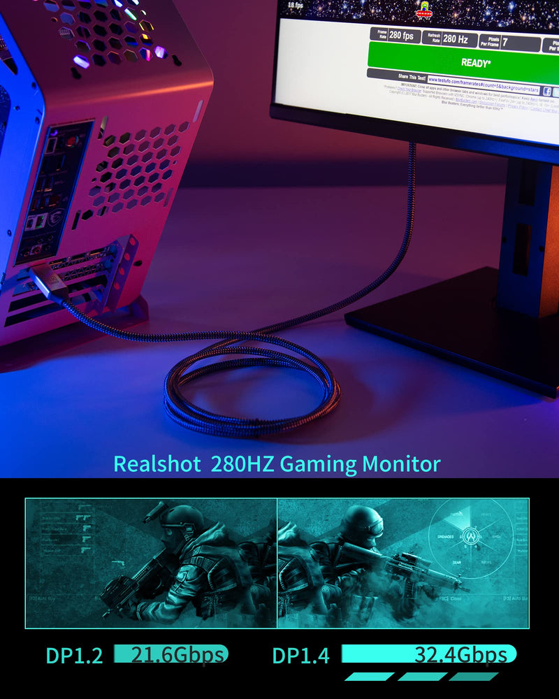 390HZ CUATU 10FT 3M Dp Displayport Cable 1.4 4K 144Hz, 2K 240HZ 280Hz to Display Port Cable 6Ft 8K UHD TV,PC Gaming Monitor VESA E-Sports HDR 10 32.4GB HDCP2.2 FREESYNC G-SYNC Expand (Silvery,10Ft)