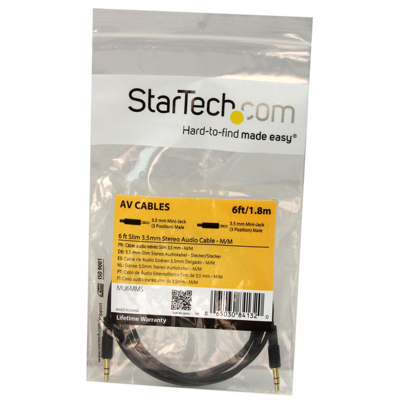 StarTech.com 6 ft Slim 3.5mm Stereo Audio Cable - M/M - 3.5mm Male to Male Audio Cable for Your Smartphone, Tablet or MP3 Player (MU6MMS) Black Straight