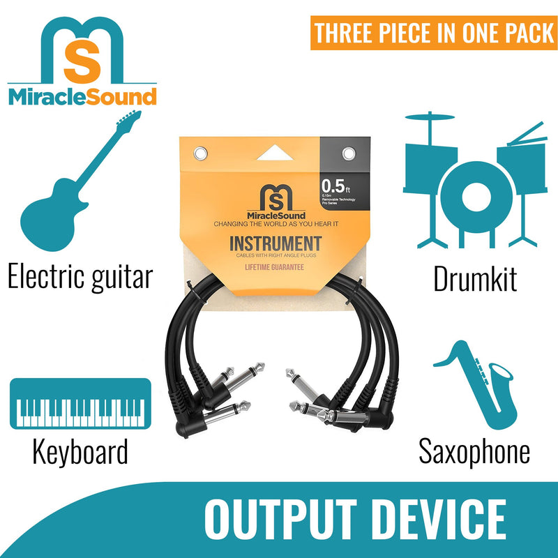 Miracle Sound Guitar Patch Cable for Pedalboard Effects with Right Angle Plug 3-Pack Ideal Electric Guitar and Bass Livewire Cable (0.5 Feet) 0.5 Feet