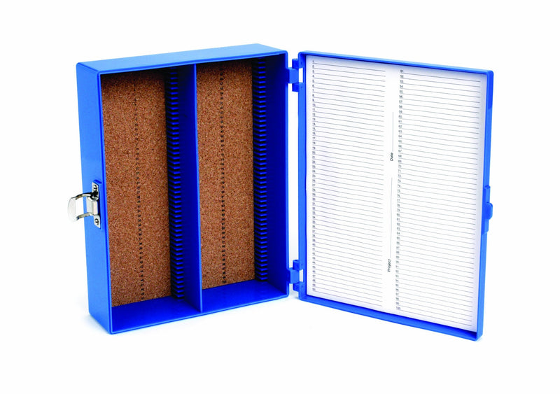Heathrow Scientific HD15979A ABS Blue Sturdy Tall Slide Box, 208mm Width x 175mm Height x 60mm Depth, 100-Place