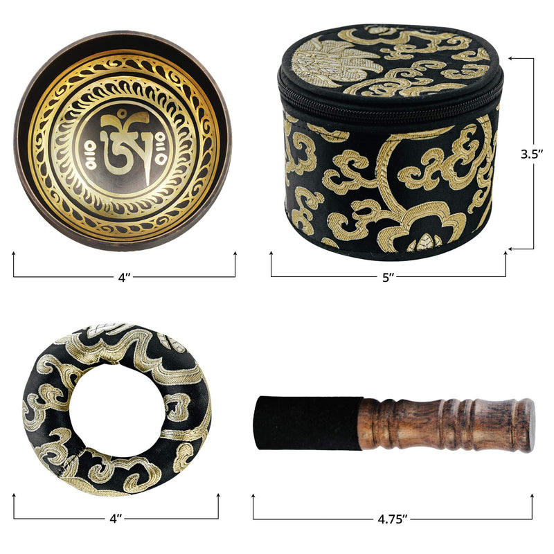 Tibetan Singing Bowl Set ~ Easy to Play with Fabric Case, Cushion, and Mallet ~ Handcrafted in Nepal for Meditation, Yoga, Spiritual Healing and Mindfulness Black