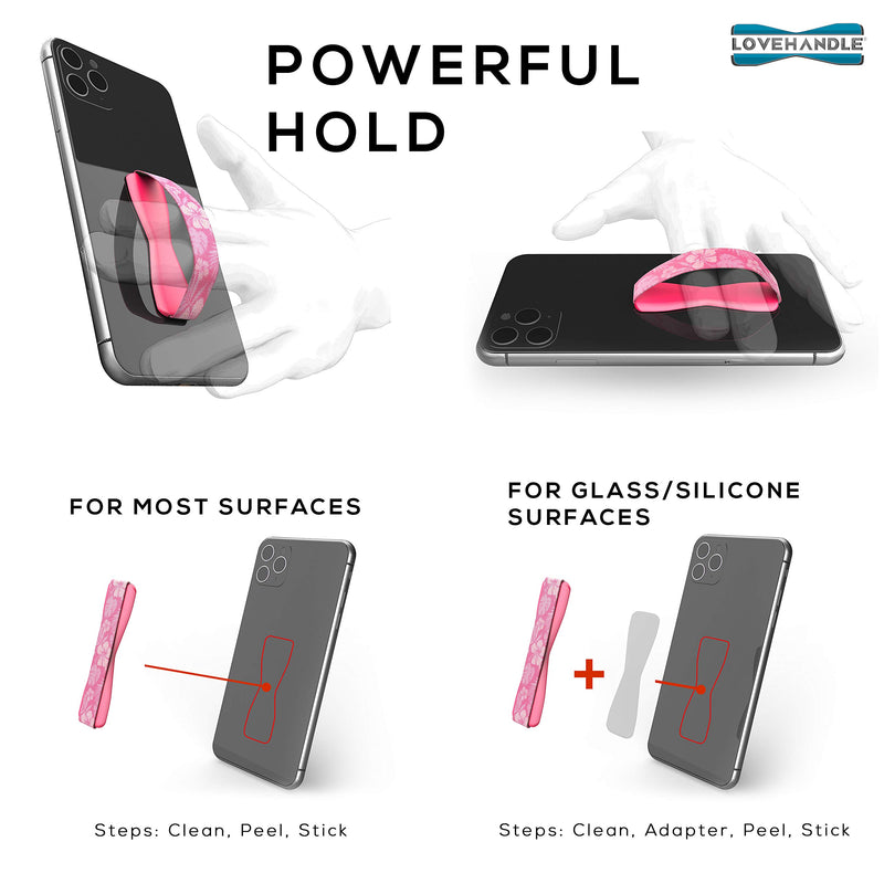 LOVEHANDLE Phone Grip for Most Smartphones and Mini Tablets, Pink Aloha Design Colored Elastic Strap with Pink Base, LH-01-Aloha