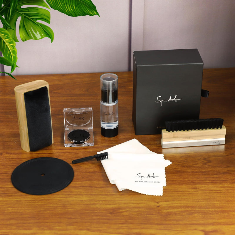 SpinArt Vinyl Record Cleaner Vinyl Record Cleaning Kit 8 -in-1,Includes Soft Velvet & Record Brushes, LP Cleaning Solution, Turntable Stylus Gel, Microfiber Cloth, Label Protector & Storage Box