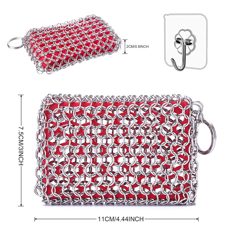 Cast Iron Cleaner,Stainless Steel Cleaner Chain Iron Scrubber with Silicone Insert,Chainmail Scrubber for Cast Iron Pans Cookware Skillet Dishwasher,Kitchen Tools Gadught (Cleaner Red)