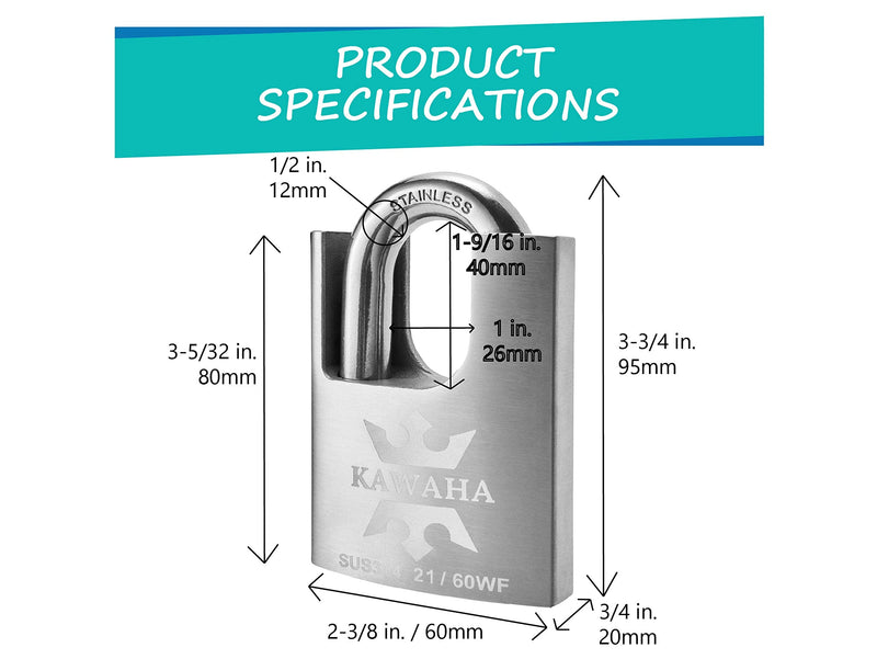 KAWAHA 21/60KD-5K High Security Stainless Steel Shrouded Padlock with Key for Both Indoor and Outdoor use (SUS304 Stainless Steel, Heavy Duty, Anti-Rust) (2-3/8 in. (60mm), Keyed Different - 5 Keys) 2-3/8 in. (60mm)