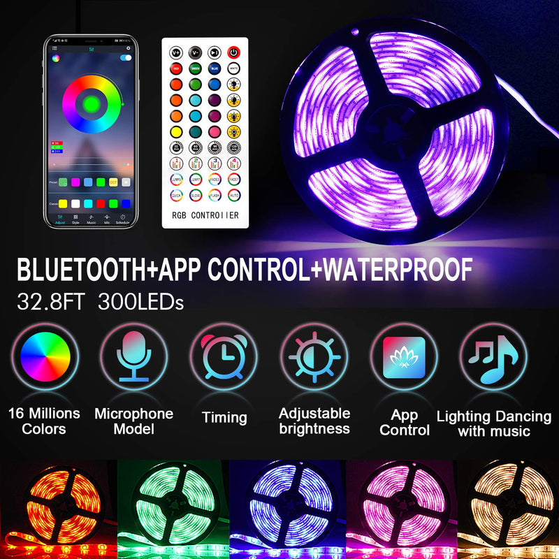 [AUSTRALIA] - Bluetooth LED Strip Lights 32.8ft with App Control, Music Sync LED Light Strips Waterproof, Flexible Color Changing RGB Tape Lights with Remote SMD5050 300LEDs Neon Bar Lights for Bedroom Room Party 