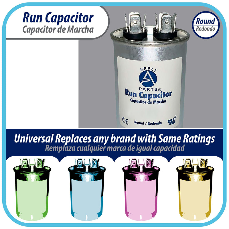 Appli Parts Run Capacitor for ac 10 Mfd uF (microfarads) 370 VAC or 450 VAC CBB65 Round Universal fit for hvac and other applications 3 in High 1-1/2 in Wide CON-10-450