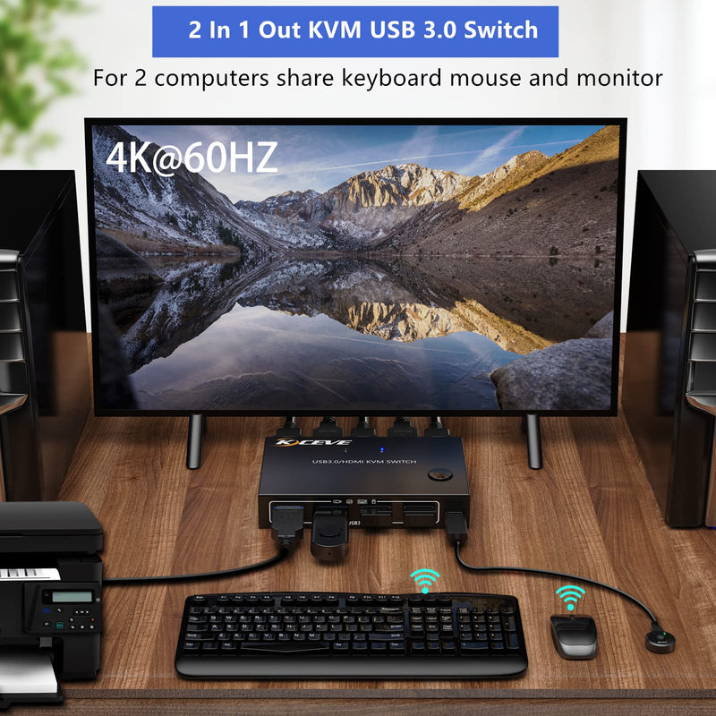 KVM Switch 2 Ports, HDMI USB 3.0 KVM Switcher Box with EDID-Emulator Function, Support 4K@60Hz Resolution for 2 Computers Share Mouse Keyboard and Monitor 2 IN 1 OUT USB 3.0 (With EDID)