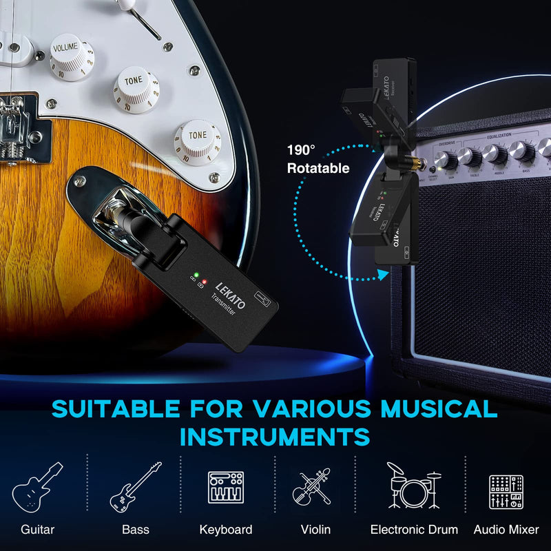 LEKATO WS-100 Wireless Guitar System with Charging Box, Rechargeable Wireless Guitar Transmitter Receiver 2.4Ghz Wireless Audio System for Electric Guitar Bass