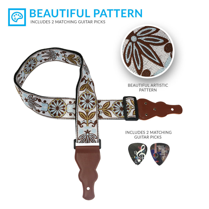 Guitar Strap Vintage Woven W/FREE BONUS- 2 Picks + Strap Locks + Strap Button. For Bass, Electric & Acoustic Guitars. Unique Practical Christmas Guitar Gifts & Stocking Stuffer For Guitar Players White Woven