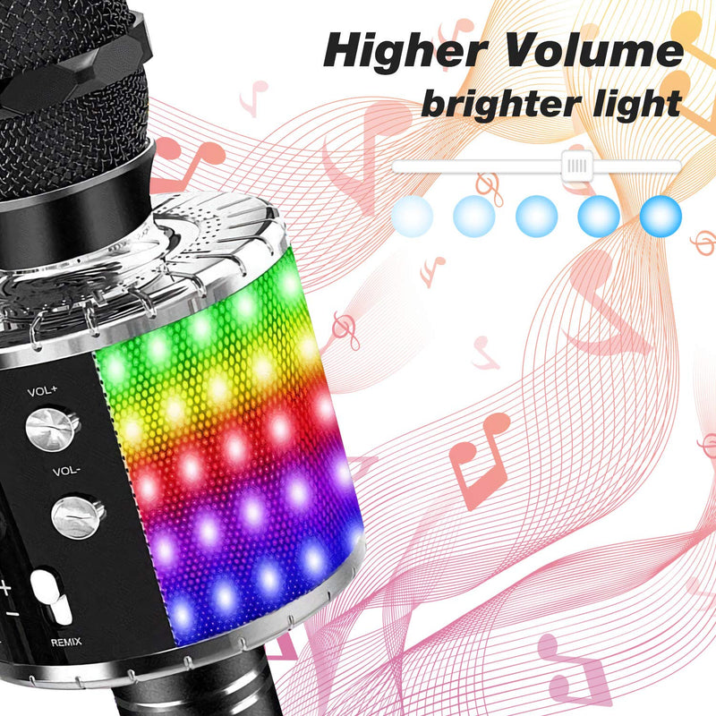 [AUSTRALIA] - 4 in 1 Wireless Bluetooth Karaoke Microphone with LED Lights,Handheld Portable Microphone for Kids, Home KTV Player with Record Function, Compatible with Android & iOS Devices (Black) Black 