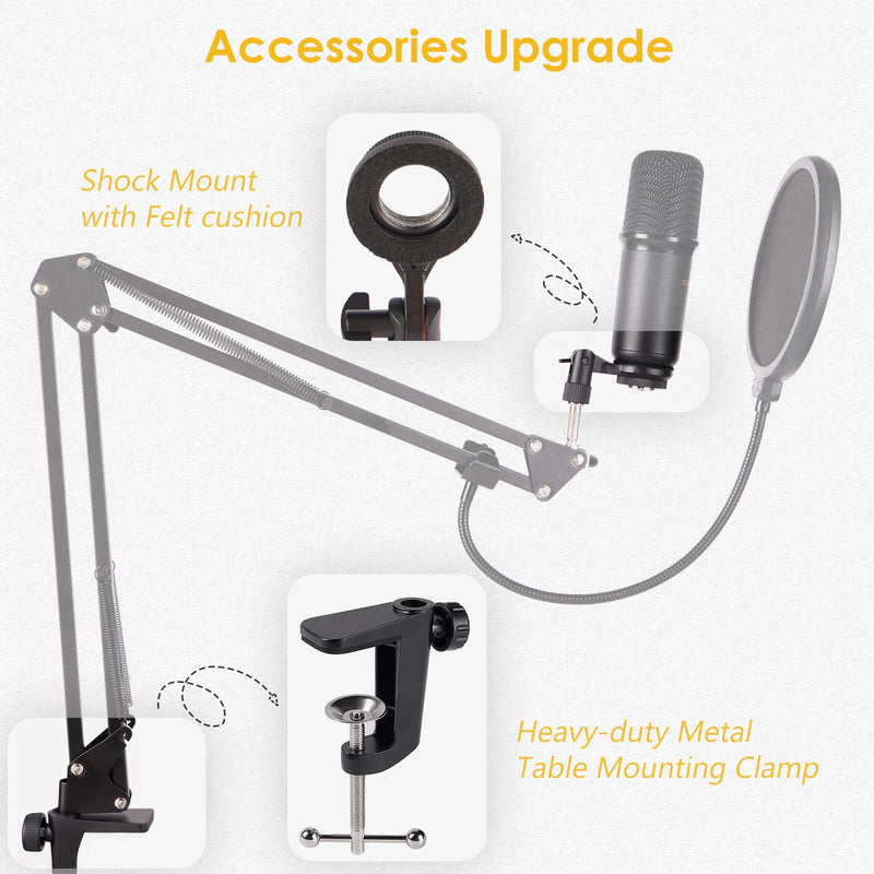 ZINGYOU USB Microphone Bundle ZY-UA1 PC Laptop Recording Condenser Mic Kit for Podcasting Gaming Streaming YouTube on macOS and Windows with Adjustable Scissor Arm Metal Shock Mount Pop Filter(Black) balck