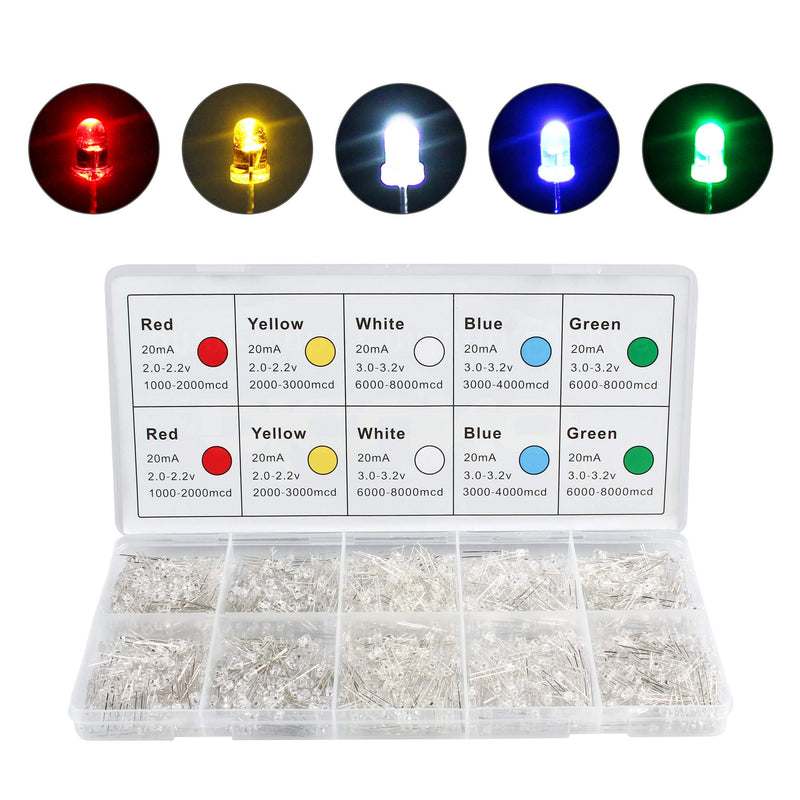 DiCUNO 1000pcs 3mm Light Emitting Diode LED Lamp Assorted Kit White Red Yellow Green Blue Lights Round Head and Clear Len Bulbs (5 Colors x 200pcs) 5 Light Colors, 1000 Pack
