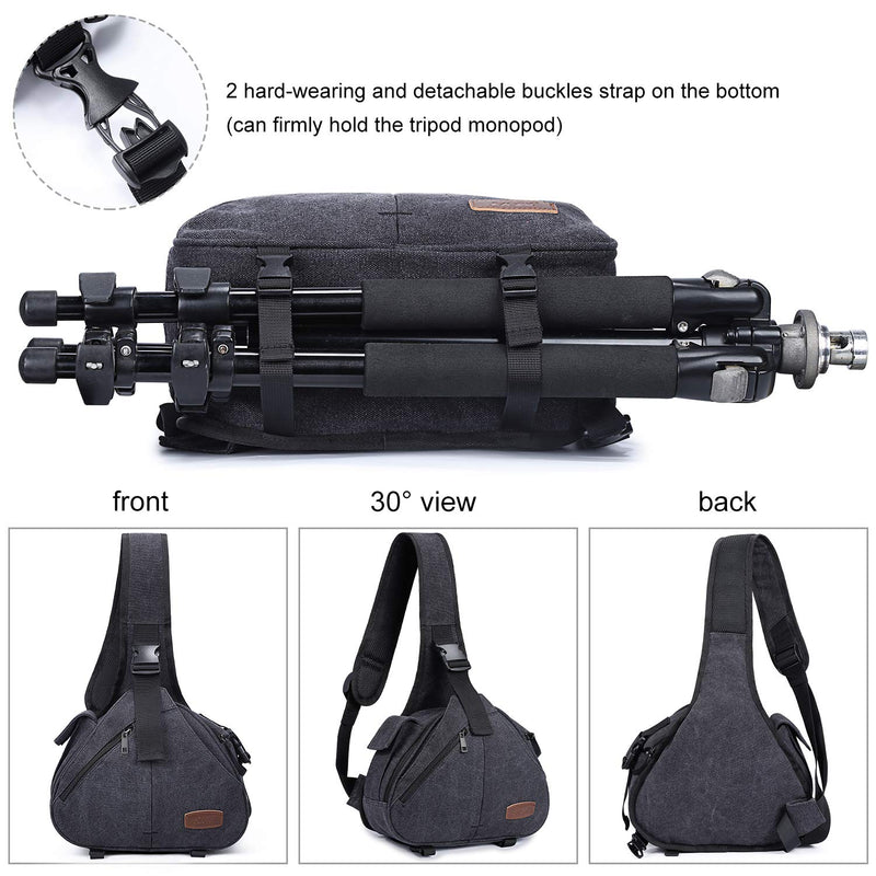 [AUSTRALIA] - S-ZONE Canvas Camera Sling Bag DSLR Lens Anti-theft Backpack Shoulder Crossbody Case with Tripod Holder Dark Gray 