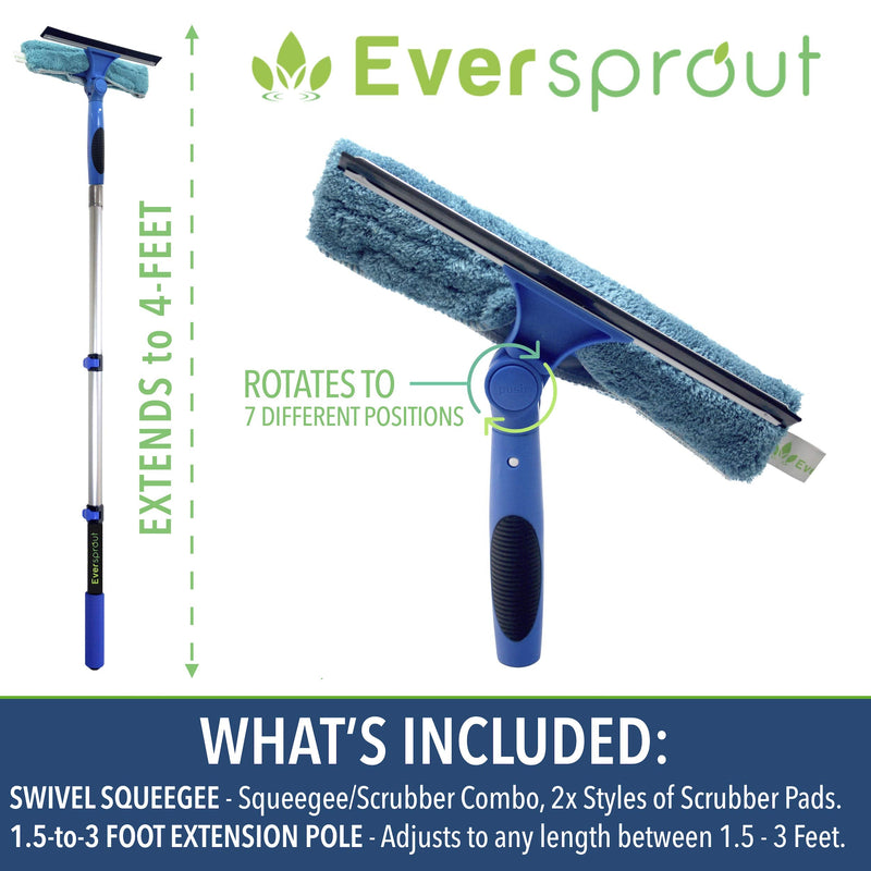 EVERSPROUT 1.5-to-4 Foot Swivel Squeegee and Microfiber Window Scrubber (8-10 Ft Standing Reach) | 2-in-1 Window & Glass Cleaning Combo | Lightweight, Aluminum Extension Pole | Includes 10-inch Blades 4 feet