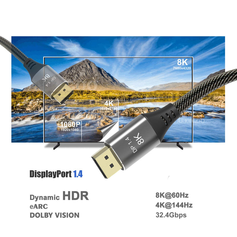 AKKKGOO 8K DisplayPort Cable 3.3ft Ultra HD DisplayPort 1.4 Male to Male Nylon Braided Cable, 7680x4320 Resolution, 8K@60Hz, 4K@144Hz, 32.4Gbps, HDP, HDCP for PC, Laptop, HDTV, DP to DP Cable (1M) 3.3ft/1m