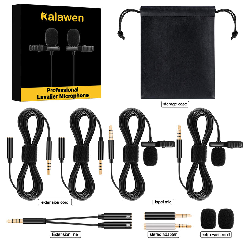 Kalawen Professional Lavalier Microphone 2 Pack, Professional Omnidirectional Condenser Mic for Android Smartphone,YouTube, Interview, Studio, Mini Microphone for YouTube Video Recording 3.5mm black