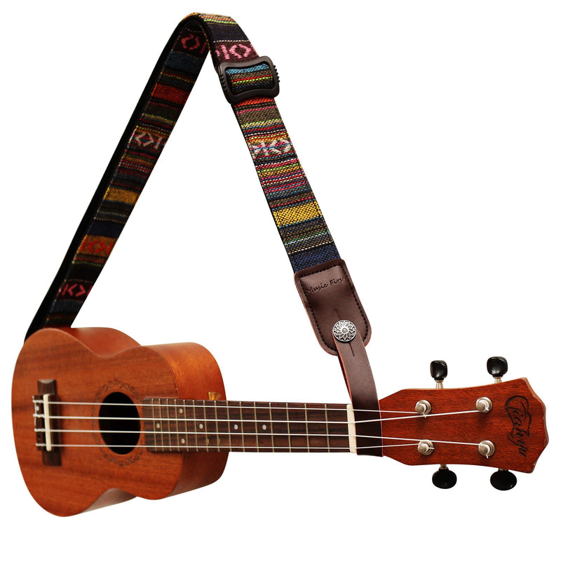 MUSIC FIRST Classic Country style Soft Cotton & Genuine Leather Ukulele Strap Ukulele Shoulder Strap Version 2.0 With a MUSIC FIRST Genuine Leather Strap Locker With A Leather Strap Locker