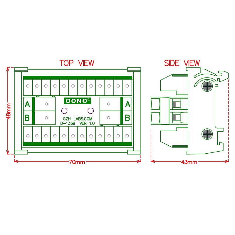 [AUSTRALIA] - OONO DIN Rail Mount 30A/300V 2x12 Position Screw Terminal Block Distribution Module. 