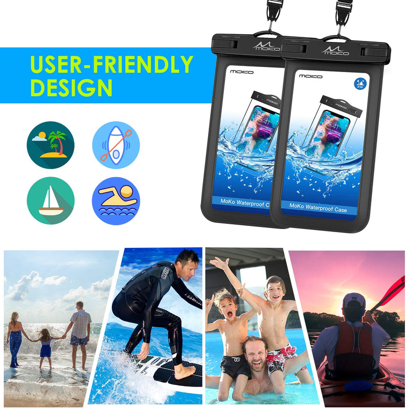 MoKo Waterproof Phone Pouch Holder [2 Pack], Underwater Phone Case Dry Bag with Lanyard Compatible with iPhone 13/13 Pro Max/iPhone 12/12 Pro Max/11 Pro Max, X/Xr/Xs Max, Samsung S21/S10/S9/S8 Plus Black+Black