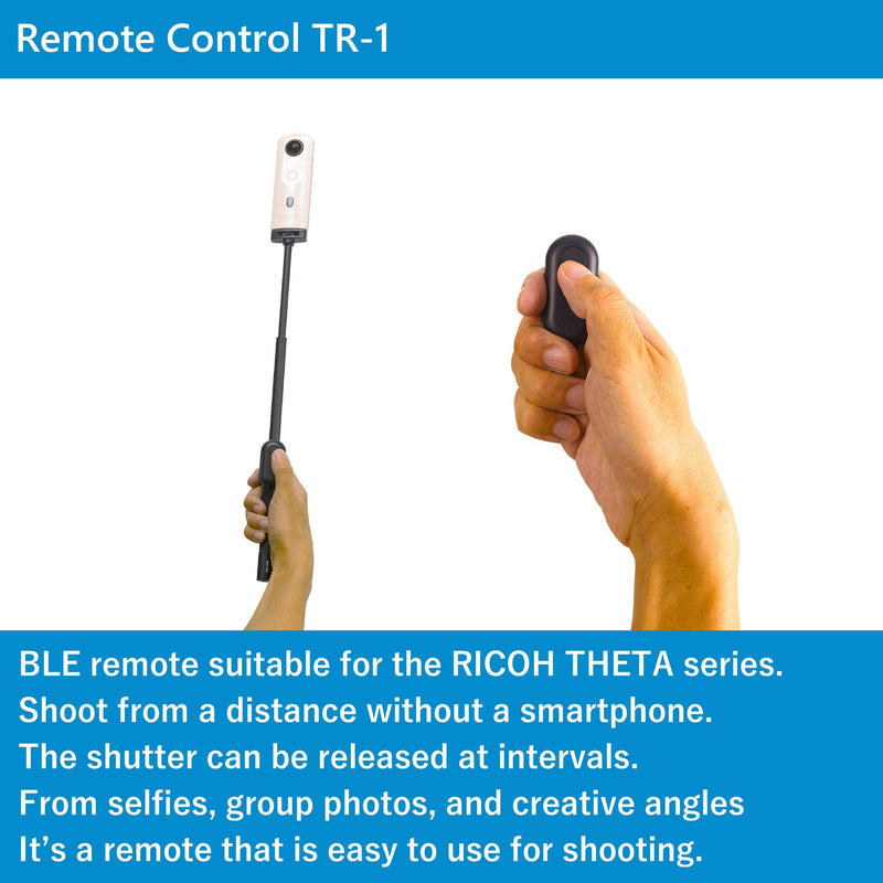 RICOH Remote Control TR-1 for Theta - Compatible Models: Theta Z1, Theta V, Theta SC2 (BLE Compatible Models). Ricoh Theta Stick TM-2 / TM-3 Mount Included. Size: 50 x 25 x 12mm Weight: 12g