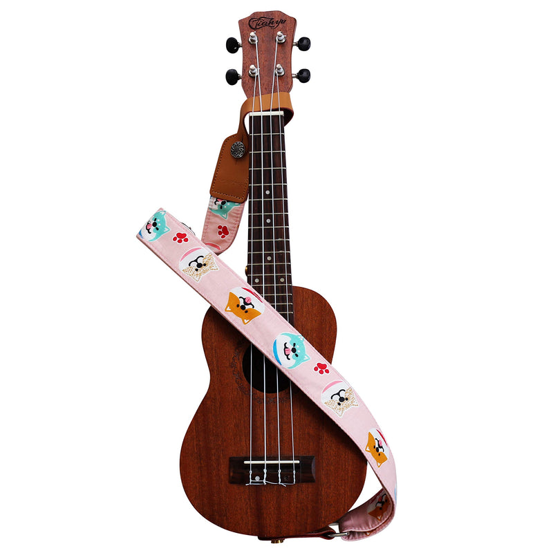 MUSIC FIRST Original Design “Pink Shiba Inu Dog” Soft Cotton & Genuine Leather Ukulele Strap Ukulele Shoulder Strap With a MUSIC FIRST Genuine Leather Strap Locker