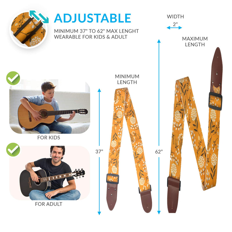 Guitar Strap Cotton Yellow Spring Blossom Flowers Includes 2 Picks + Strap Locks + Strap Button. For Bass, Electric & Acoustic Guitars. an Awesome Gift for Men & Women