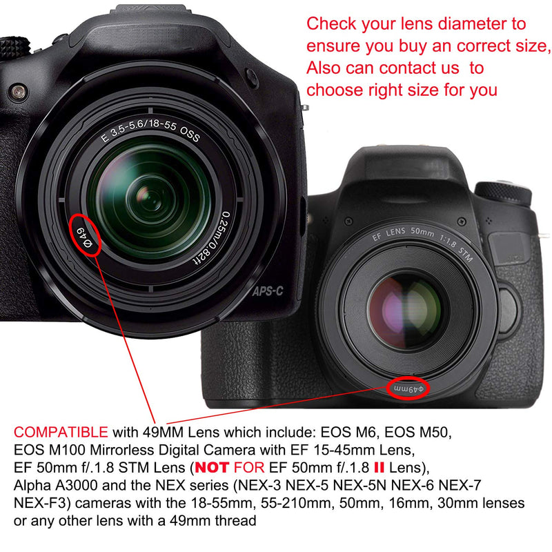 Veatree 49mm Lens Hood Set Compatible with Canon EF 50mm f/.1.8 STM, Collapsible Rubber Lens Hood with Filter Thread + Reversible Tulip Flower Lens Hood + Center Pinch Lens Cap