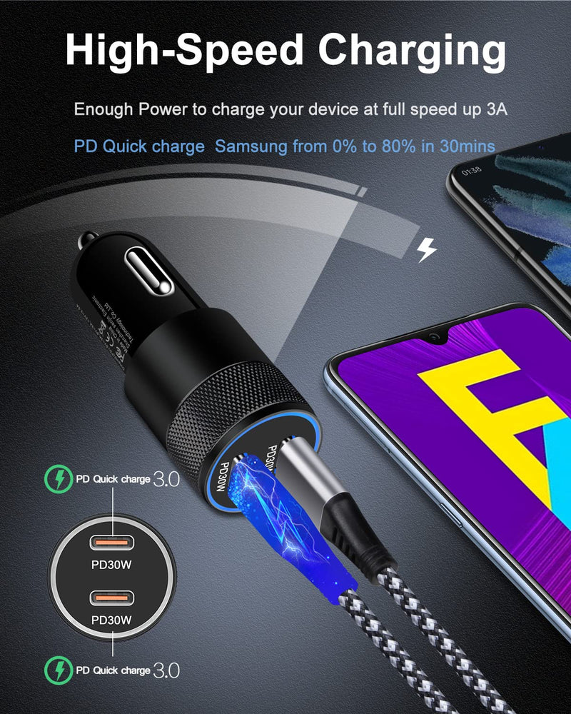 USB C Car Charger, 60W Cigarette Lighter Flush Adapter, Type C Fast Charging Car Plug Block for iPhone 13 Pro Max, Samsung Galaxy S21 Ultra, Pixel 6 Pro,3A XL, LG Stylo, AILKIN Automobile USB PD Port