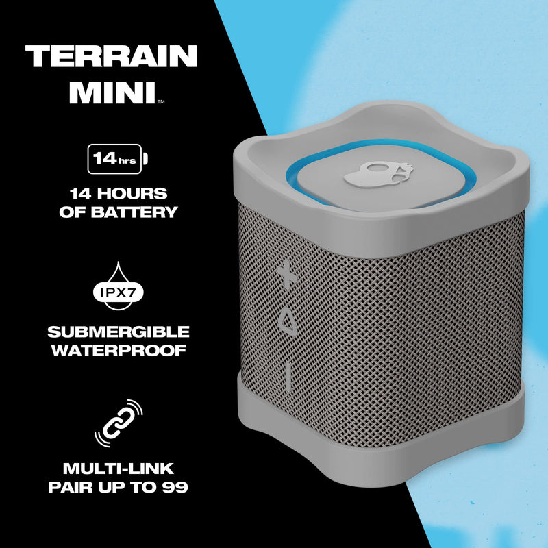 Skullcandy Terrain Mini Wireless Bluetooth Speaker - IPX7 Waterproof Portable Speaker with Dual Custom Passive Radiators, 14 Hour Battery, Nylon Wrist Wrap, & True Wireless Stereo (Light Grey) Light Grey