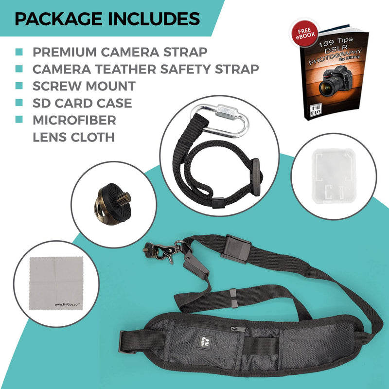 HiiGuy Camera Strap, Adjustable Padded Sling for All SLR and DSLR Cameras, Neck and Shoulder Strap, 32 Inches Long, with Screw Mount, Safety Tether