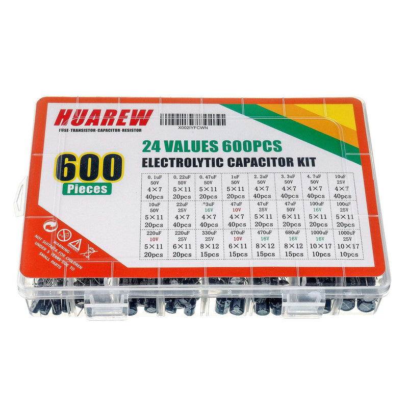 HUAREW 24 Values 600 Pcs 0.1 uF to1000 uF MFD 10 16 25 50 V Volt Aluminum Electrolytic Capacitor Assortment Kit
