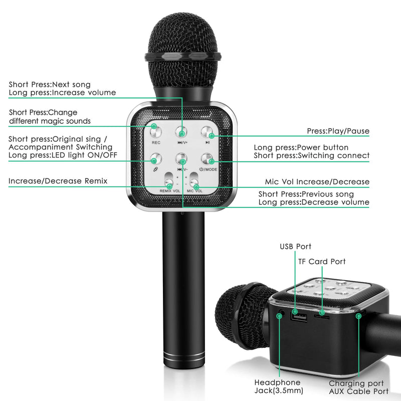 KIDWILL Wireless Bluetooth Karaoke Microphone 5 in 1 Handheld Karaoke Microphone with LED Lights, Portable Microphone for Kids Adults Birthday Party KTV Christmas (Black) Black