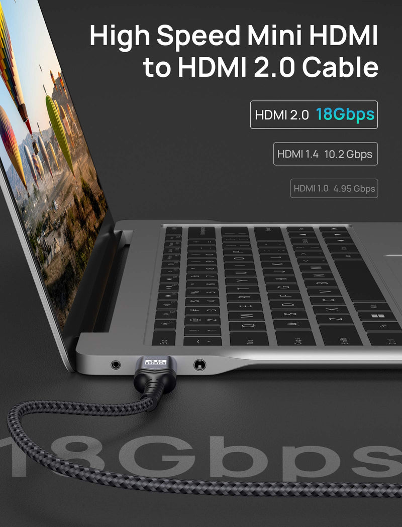 Mini HDMI to HDMI Cable 10FT, JSAUX [Aluminum Shell, Braided] High Speed 4K 60Hz HDMI 2.0 Cord, Compatible with Camera, Camcorder, Tablet and Graphics/Video Card, Laptop, Raspberry Pi Zero W -Grey Grey