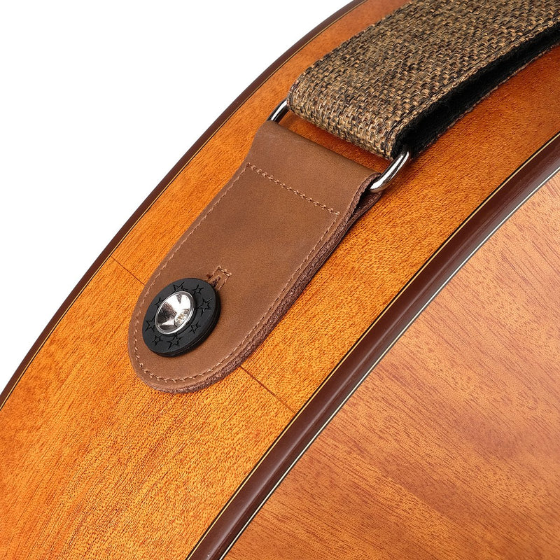 Guitar Strap with Leather Ends and Pick Pocket for Electric Bass Guitar and Ukulele Acoustic Linen Style 2" Width, with Free Picks and Strap Saver Blocks (Linen Brown)