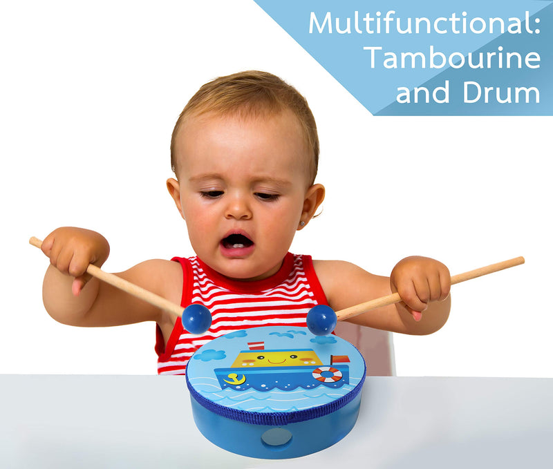 Tambourine and Drum Toy - 2 Wooden Mallets - 6 in Wooden Frame