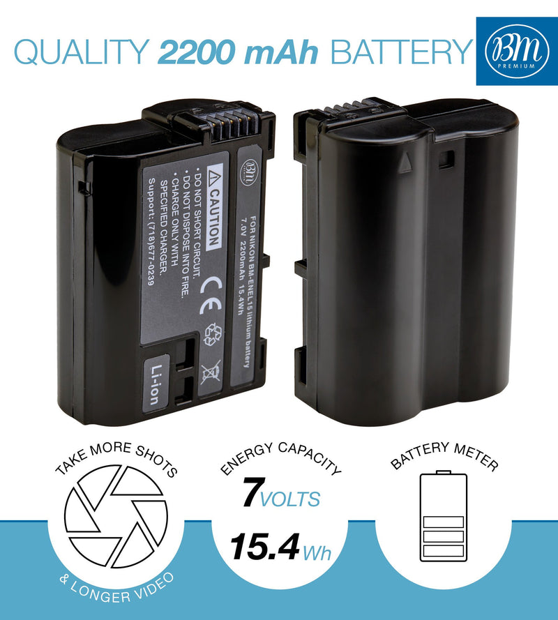 BM Premium EN-EL15 Battery and Battery Charger for Nikon D500, D850, D7500, 1 V1, D600, D610, D750, D800, D810, D810A, D7000, D7100, D7200 Digital SLR Camera