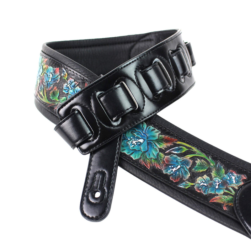 Walker And Williams KB-11 Gloss Black Strap w/Carved Cyan Blue Roses On Grain Leather