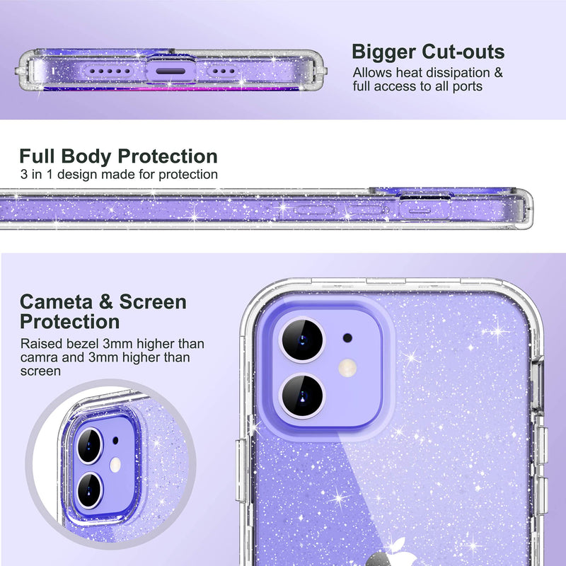 ULAK Compatible with iPhone 12 / iPhone 12 Pro Case Clear Glitter, Hybird 3 in 1 Shockproof Protective Phone Case Designed for Women Girls, Sparkle Cover for iPhone 12/12 Pro 6.1'', Glitter