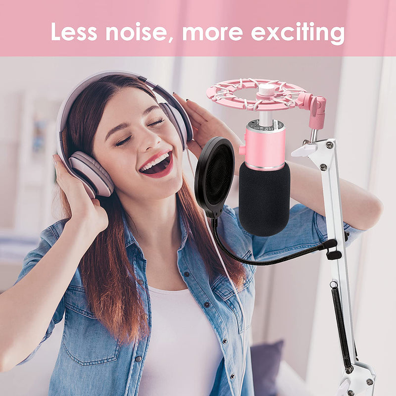 YOUSHARES Pink Shock Mount and Foam Cover Matching Boom Arm Mic Stand, Compatible with Razer Seiren X Microphone