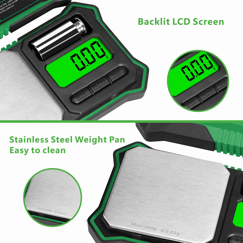 Fuzion Digital Pocket Scale, 200g x 0.01g Jewelry Gram Scale, 6 Units Conversion, LCD Back-Lit Display, Use for Jewelry/Medicine/Food/Powder/Herb(Battery Included) Green