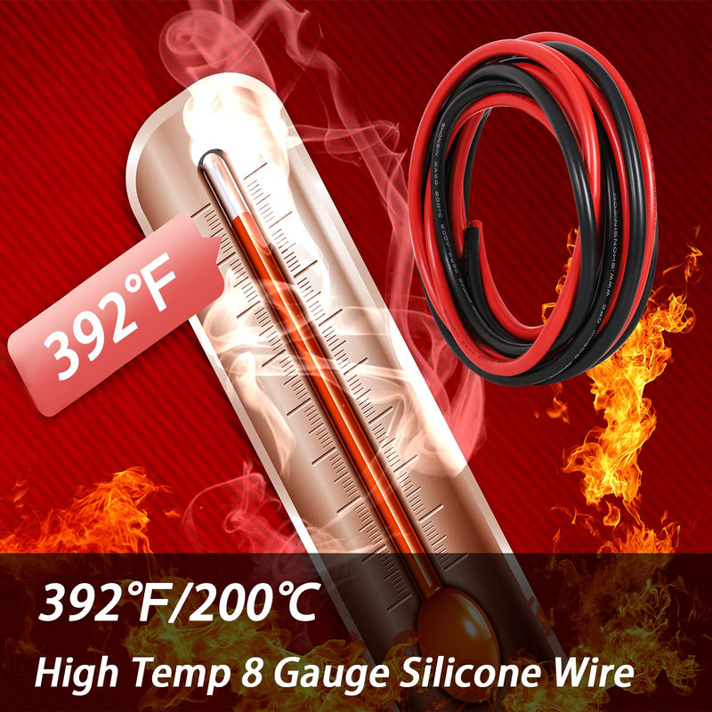 Shonsin 8 Gauge Silicone Wire 10ft Black & 10ft Red, Ultra Flexible 8 AWG Welding Cable 1650 * 0.08mm Stranded Tinned Copper 600V 200℃ - RC, Battery, Car, Inverter 8AWG 10FT&10FT Red & Black