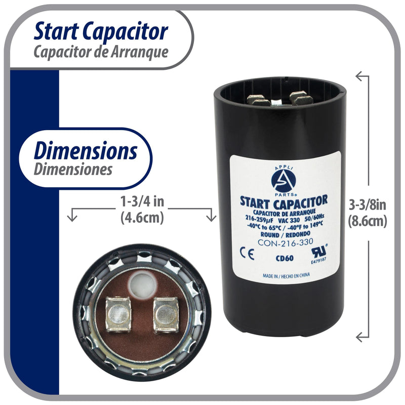 Appli Parts motor start capacitor 216-259 Mfd (microfarads) uF 330VAC universal fit for electric motor applications 1-3/4 in Wide 3-3/8 in Height CON-216-330 330 Vac