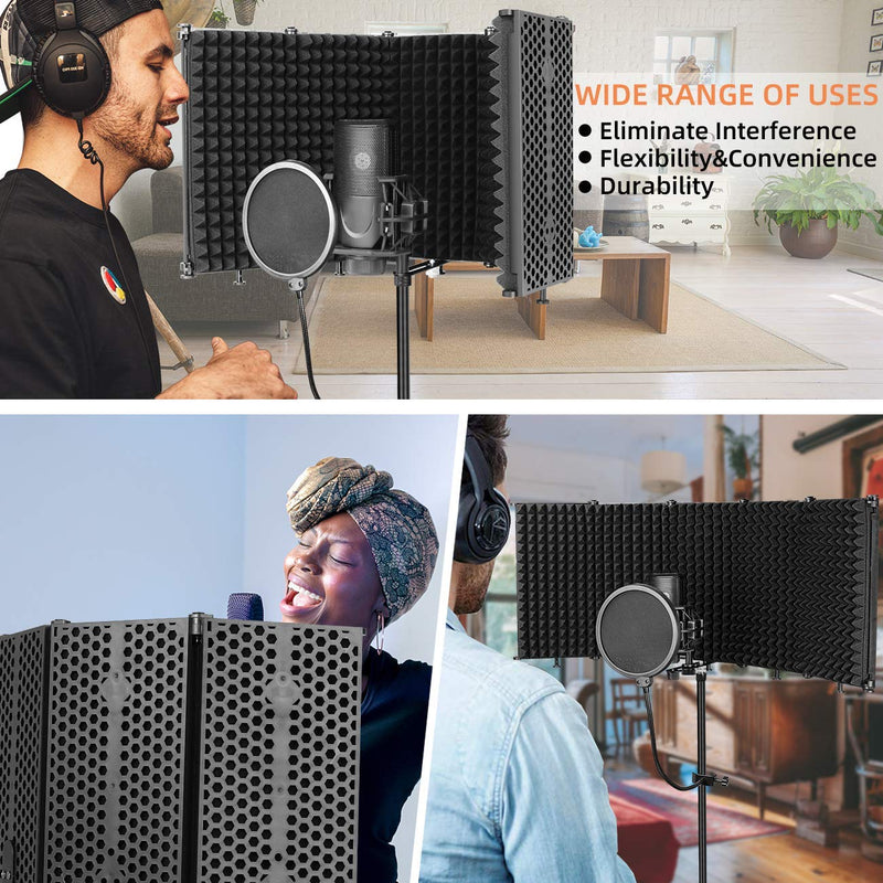 Foldable Microphone Screen Sound Absorbing Vocal Recording Panel Portable Acoustic Isolation Microphone Shield for Sound Recording Studio, Podcasts, Singing and Broadcasting - Bomaite W89, Black