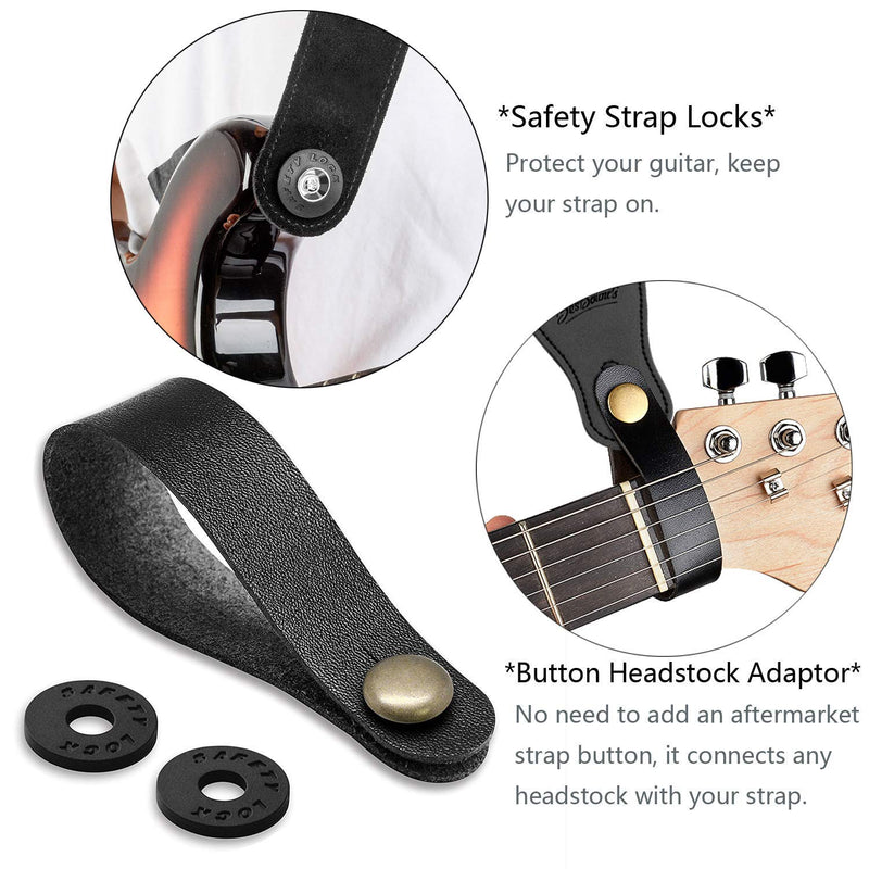 Guitar Strap for Acoustic, Electric & Bass Guitars with 1 Leather Strap Button and 2 Strap Locks - Cotton and Leather Ends Black