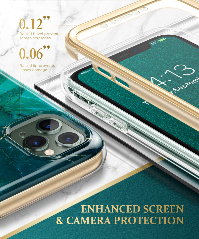 GVIEWIN Designed for iPhone 11 Pro Max Case 6.5 Inch, [Built-in Screen Protector] [Full Body] Marble Case Dual Layer Slim Glossy Shockproof Protective Phone Cover Cases (Green/Gold) Green/Gold