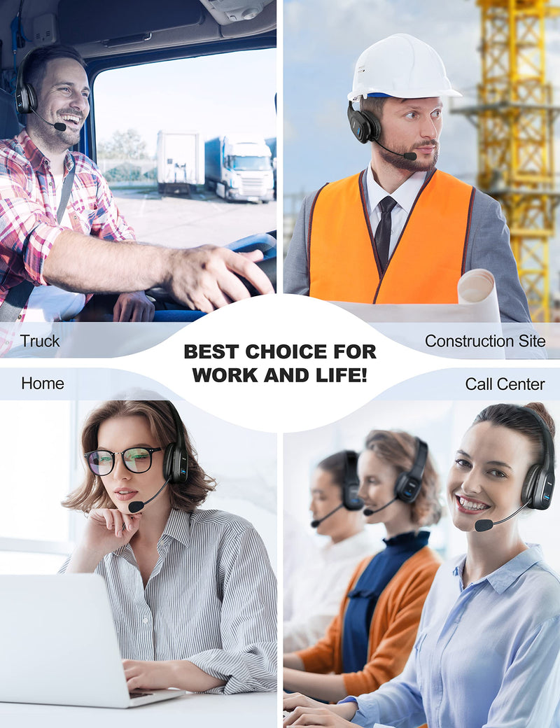 TECKNET Bluetooth Trucker Headset with Microphone Noise Canceling Wireless On Ear Headphones, Hands Free Telephone Headset for Cell Phone Computer Office Home Call Center Skype (Black) Black